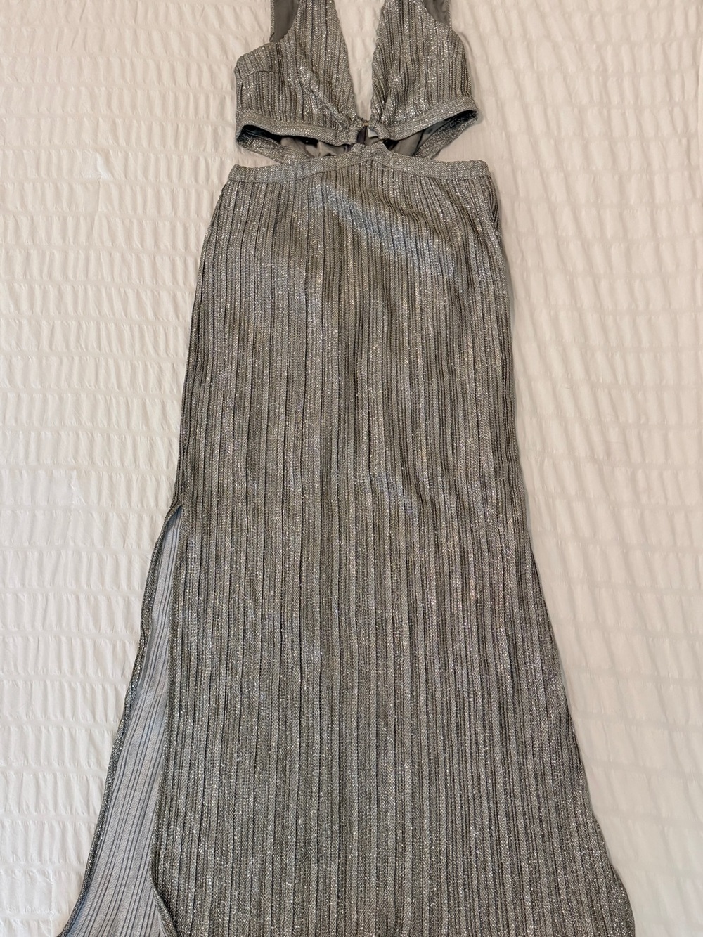 Suboo Silver Metallic Ribbed Maxi Dress with Side Slit
